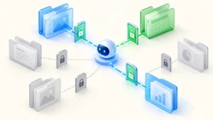 AIと複数のデータフォルダをアクセスゲートで結ぶ概念イメージ