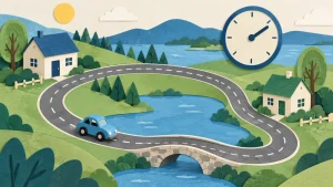 青い車と道、時計を描いた平均時速のAI生成イメージ