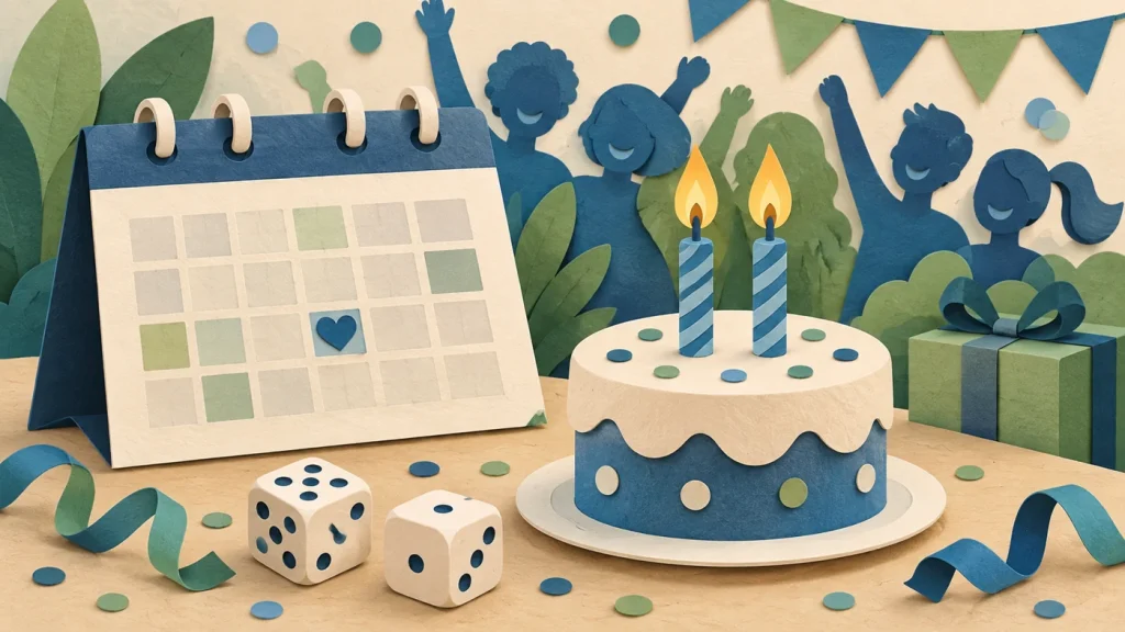 誕生日カレンダーとケーキを描いた確率の概念イメージ