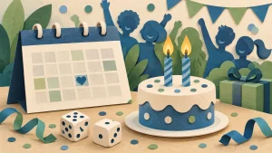 誕生日カレンダーとケーキを描いた確率の概念イメージ