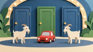 3枚のドアと車とヤギを描いたモンティ・ホール問題のイメージ