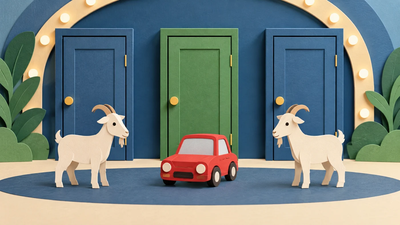 3枚のドアと車とヤギを描いたモンティ・ホール問題のイメージ