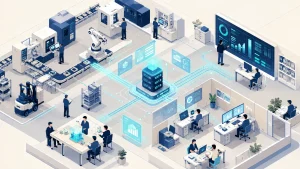 業務データと人をつなぐDXの取り組みを表したAI生成イラスト