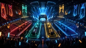 4色のチームをイメージした架空のゲーム大会会場のAI生成イラスト