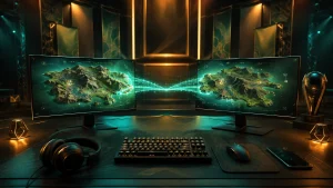 ゲーム画面とヘッドセットを配置した配信視聴デスクのAI生成イラスト