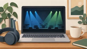 ノートパソコンとヘッドホンでライブ配信を楽しむイメージ。AI生成であり実際の公演写真ではありません。