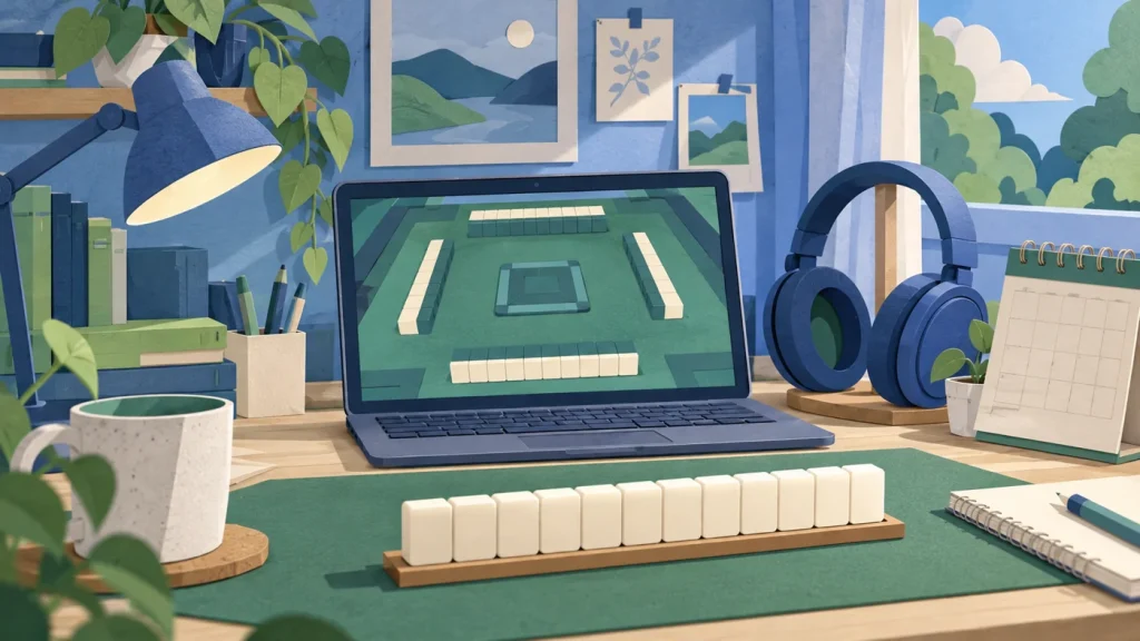麻雀ゲームを楽しむ机を描いたAI生成イメージ。ホロじゃんの実際の画面や公式素材ではありません。