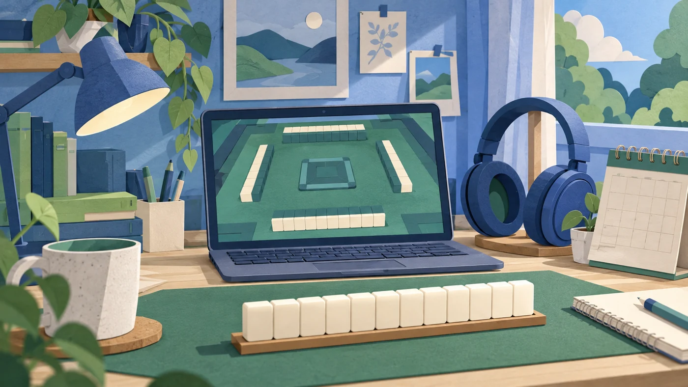 麻雀ゲームを楽しむ机を描いたAI生成イメージ。ホロじゃんの実際の画面や公式素材ではありません。